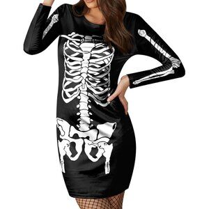 Women's Halloween Costume Skeleton Funny Long Sleeve Midi Skeleton Dresses